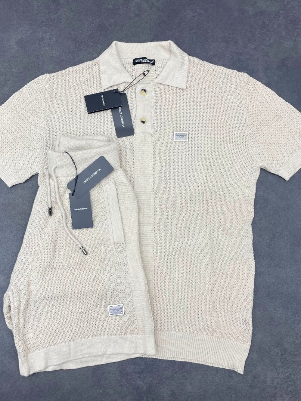 Dolce & Gabbana Men’s Cream Knit Polo Shirt & Shorts Set- Size Small